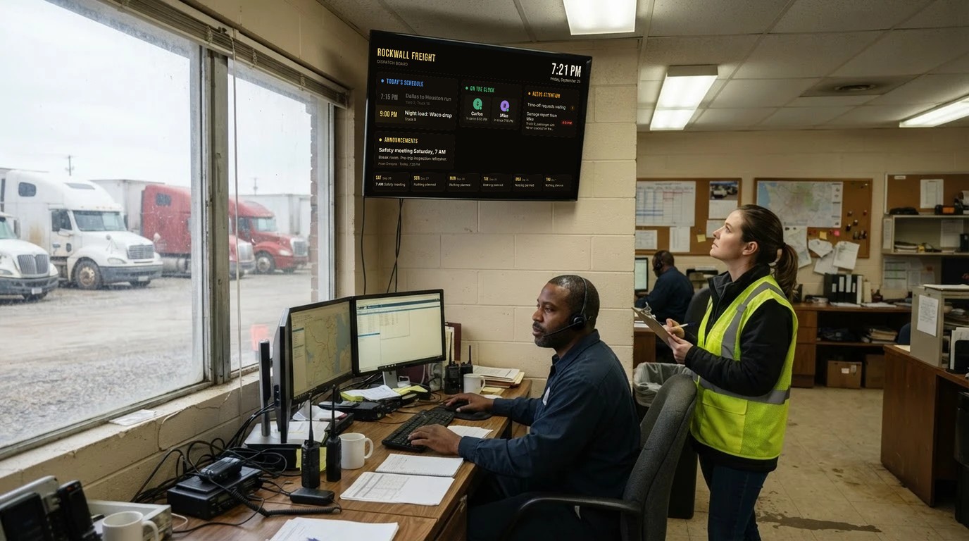A trucking dispatch office with the Dispatch Board on the wall TV showing who is on the clock