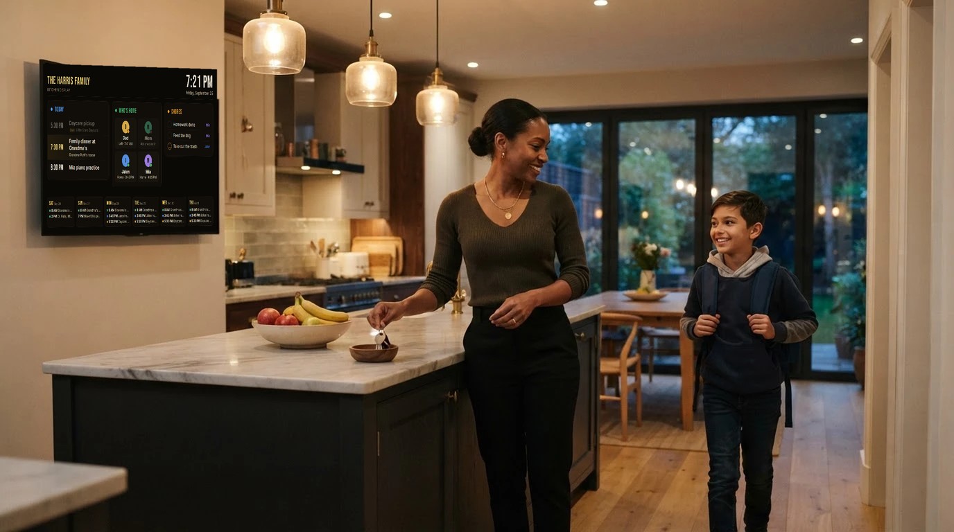 A family kitchen with the CheckInSquad Kitchen Display on the wall TV showing today's schedule, who's home and chores
