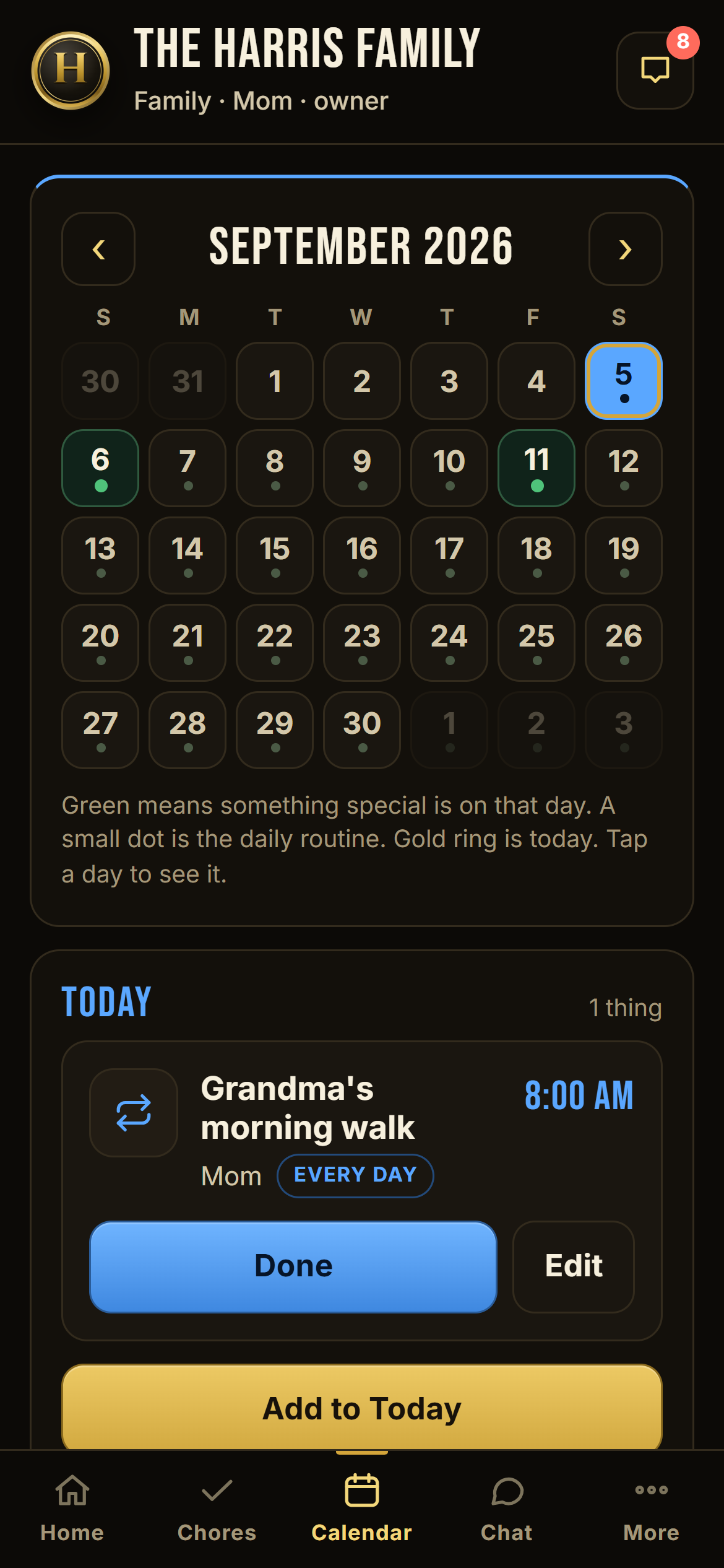 Family calendar with daycare pickup and Got them button