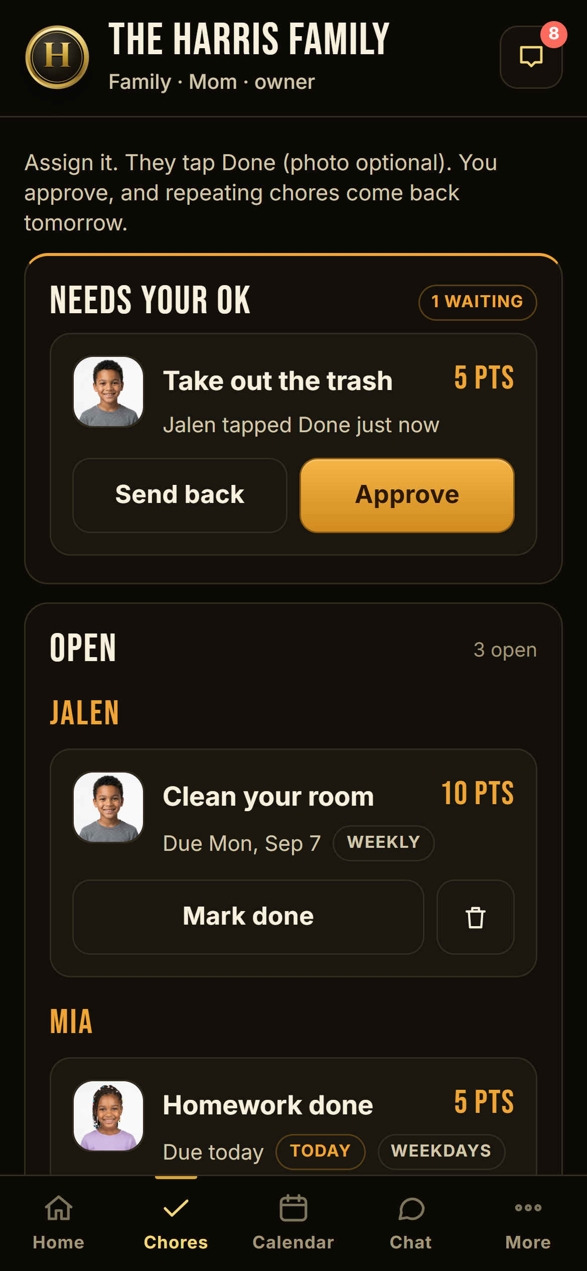 Parent chores screen with Approve and Send back