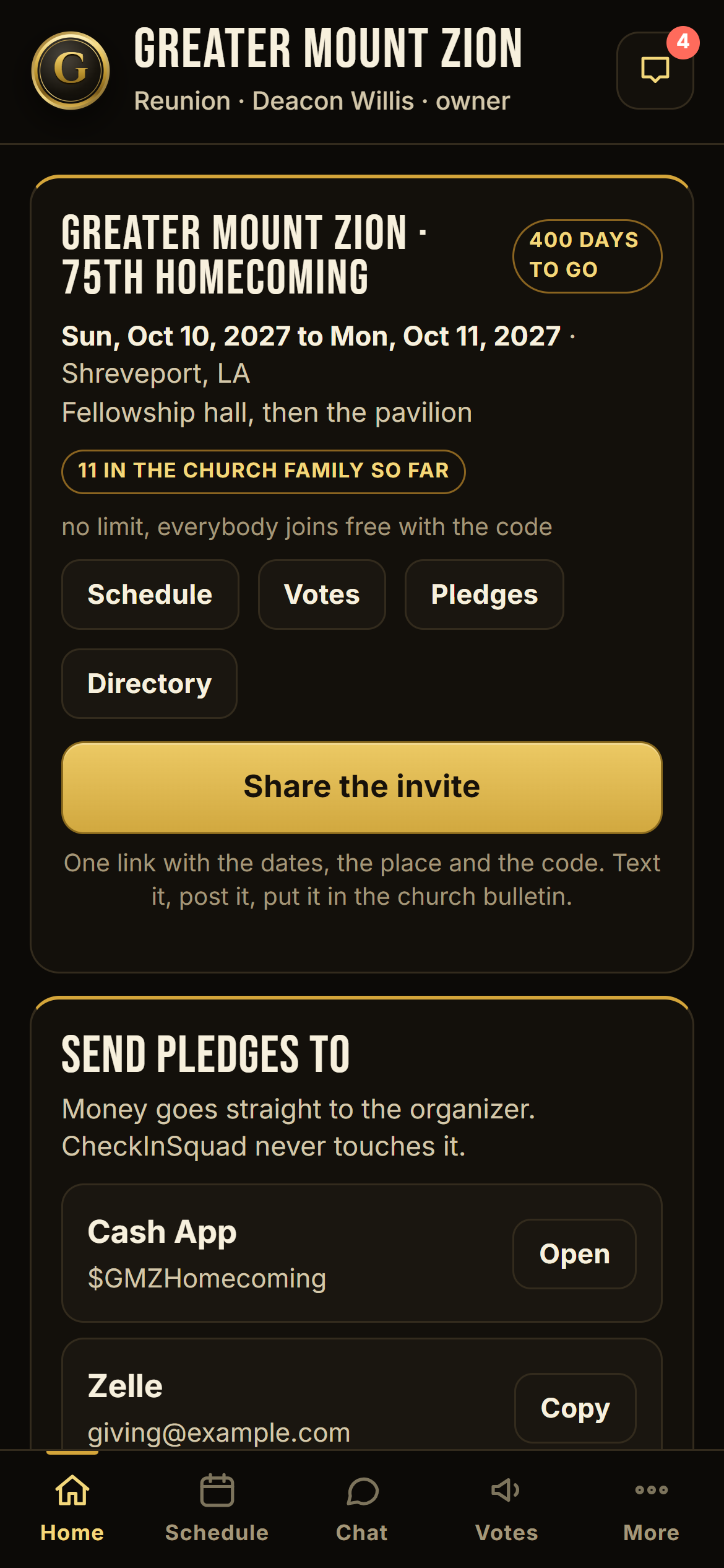 Church Homecoming home screen