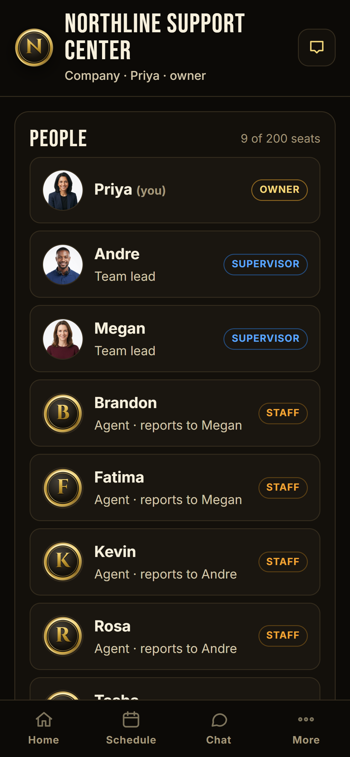 Company people screen with owner, supervisors, and agents