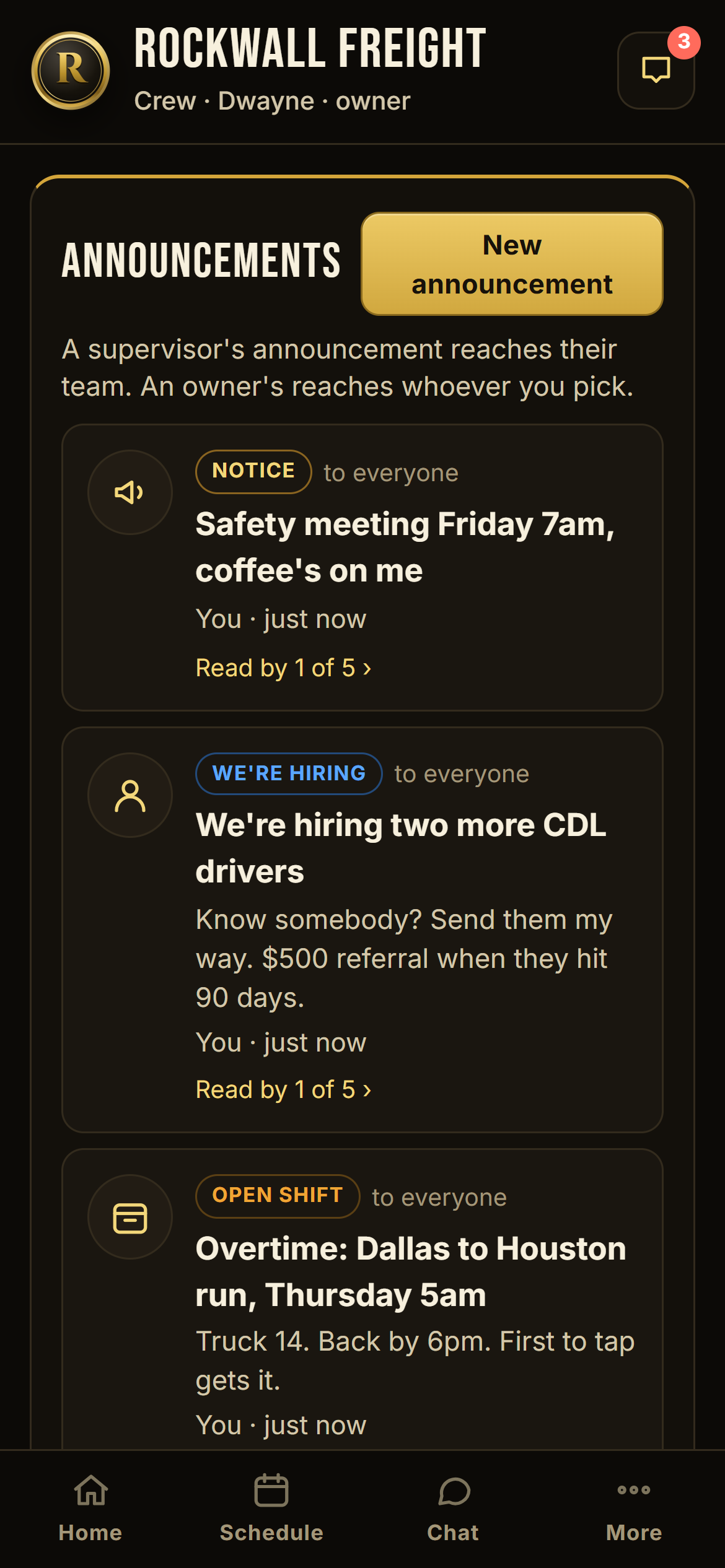 Crew announcements with an open shift claimed