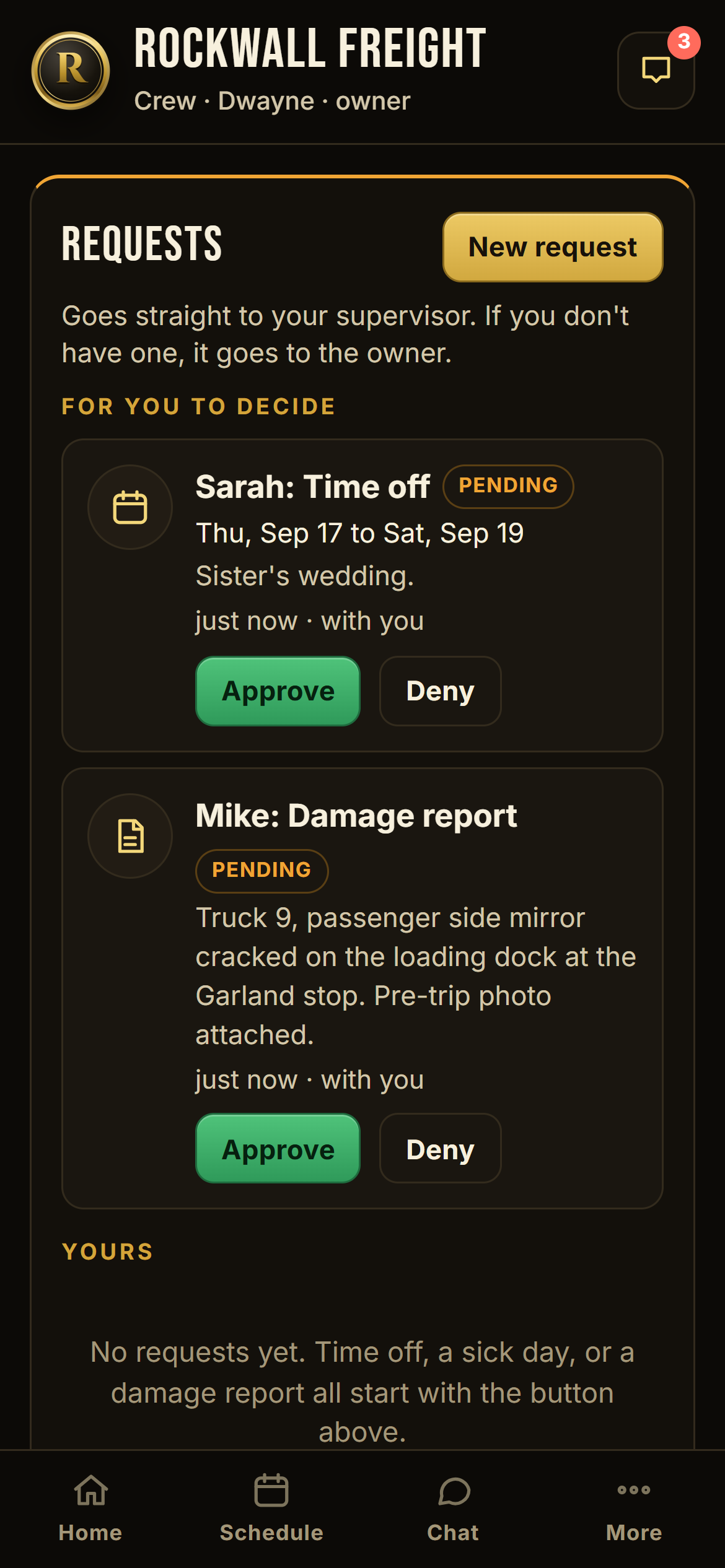 Damage reports and time off, routed right