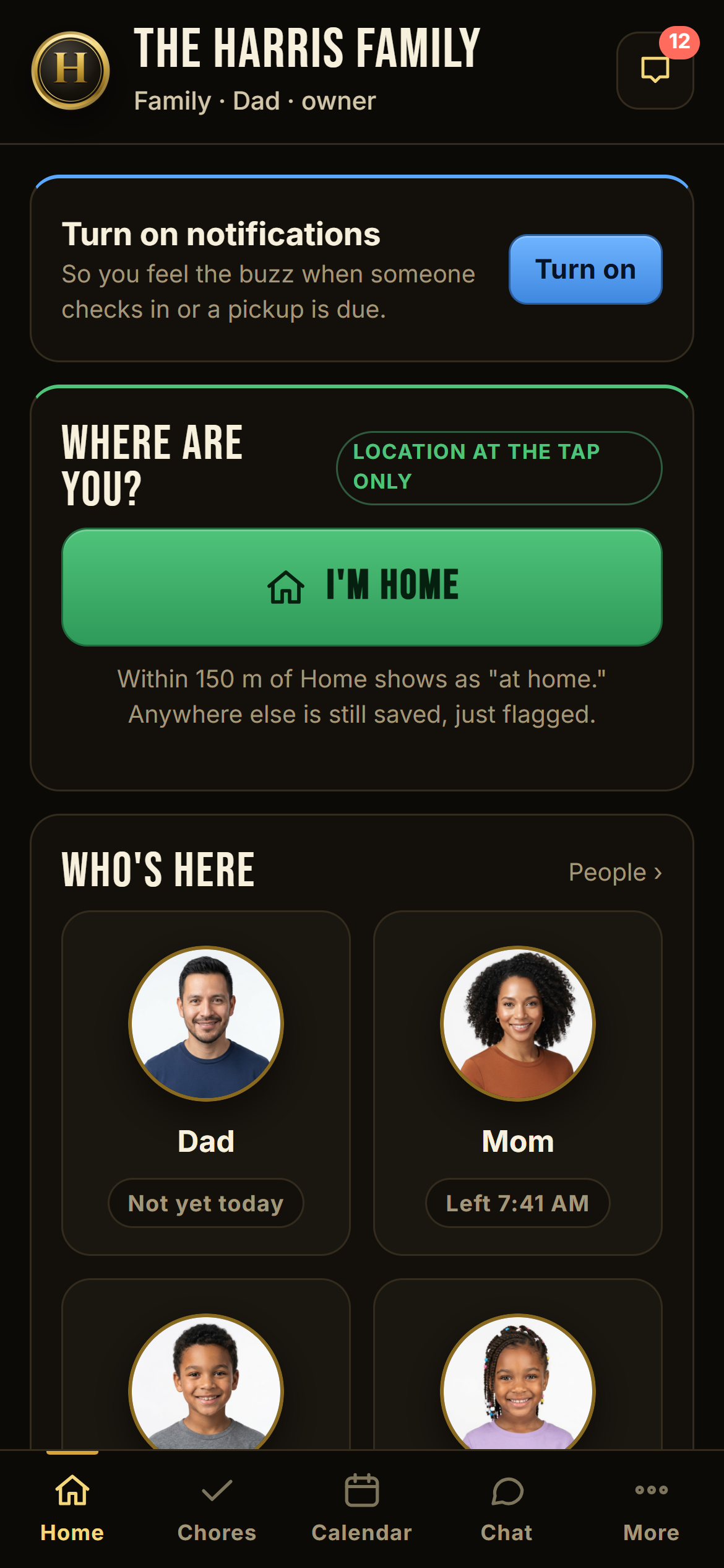 Parent home screen: who's here, today's pickup, the I'm home button