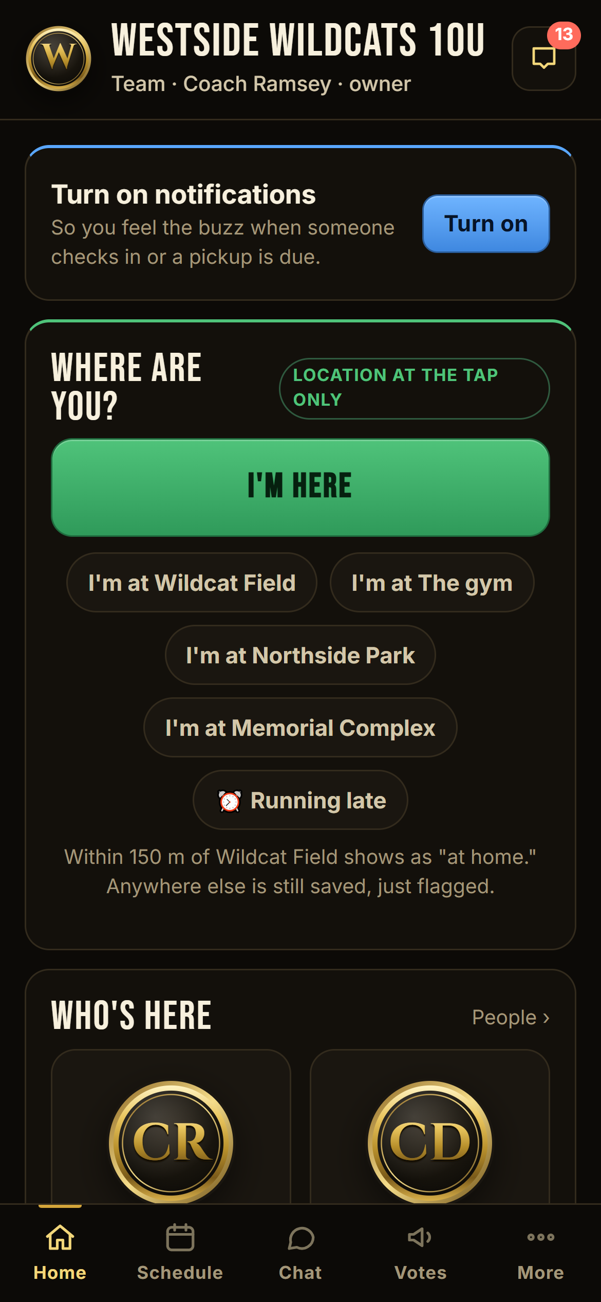 Team home screen